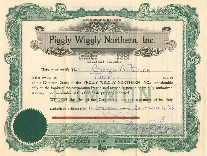 Piggly Wiggly Northern, Inc. - 1928 dated Supermarket Chain Stock Certificate
